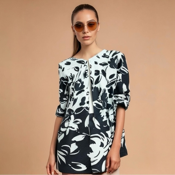 Women Jacket Susan Bristol Black White Floral Print Silk Trench 3/4Sleeve Jacket